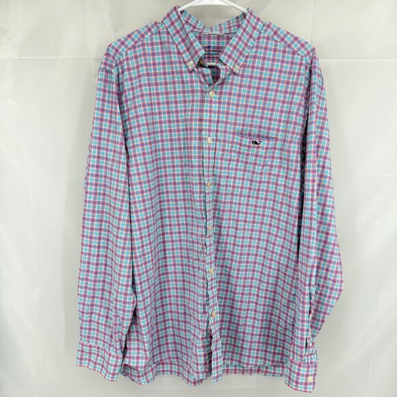 Vineyard Vines Men L OTG Performance Shirt Long Sleeve Button Down Pink Plaid - Picture 1 of 8